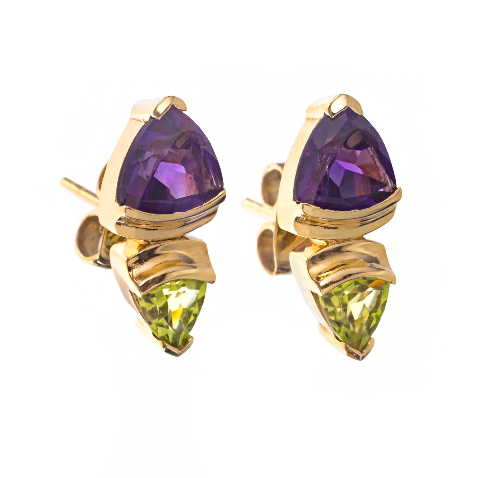 Gold Amethyst and Peridot Trillion Earrings