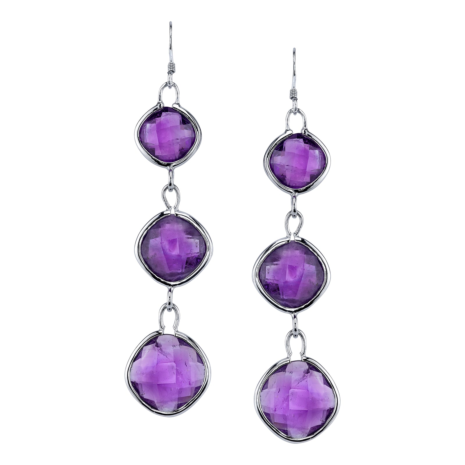 Three Stone Faceted Square Earrings