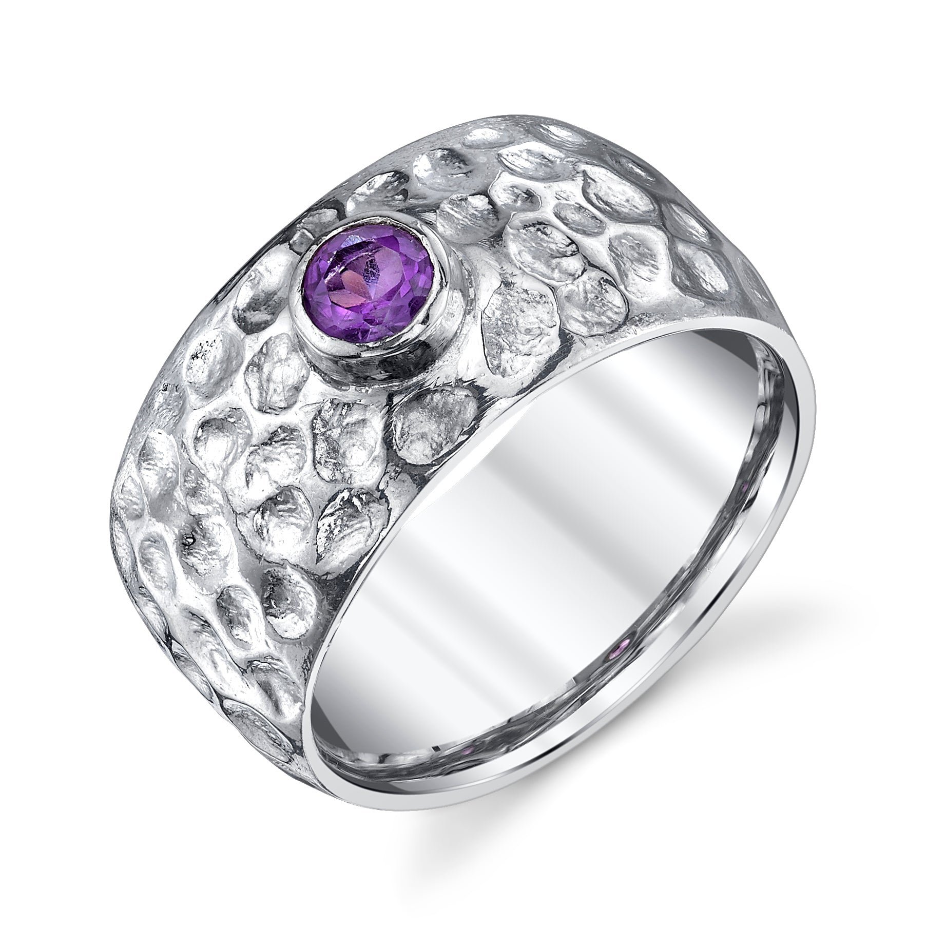 Wide Hammered Band Amethyst Ring