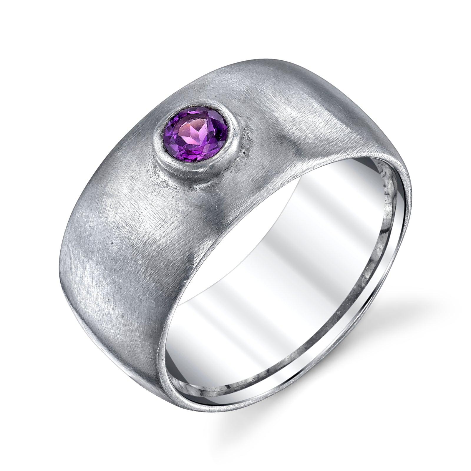 Wide Brushed Band Amethyst Ring